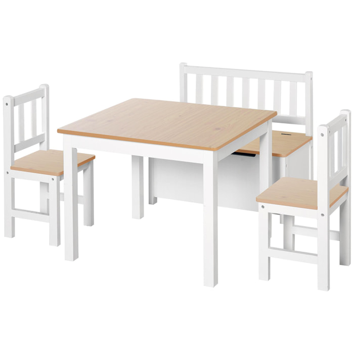 Ensemble de table et chaises enfant - set de 4 pièces - table, 2 chaises, banc coffre 2 en 1 - MDF pin blanc bois clair
