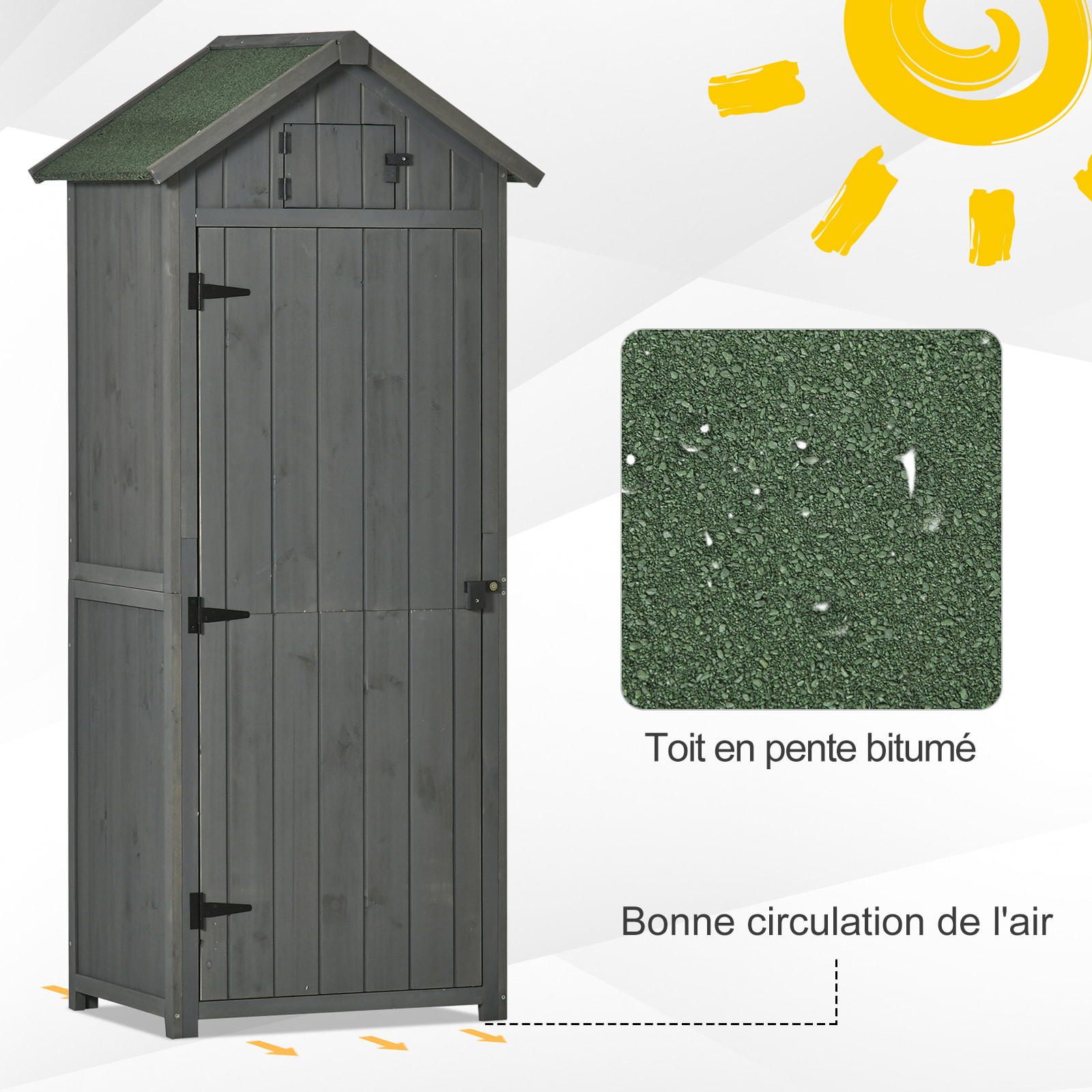 Armoire abri de jardin remise pour outils 3 étagères 2 portes loquets toit pente bitumé 77L x 54l x 179H cm sapin traité gris