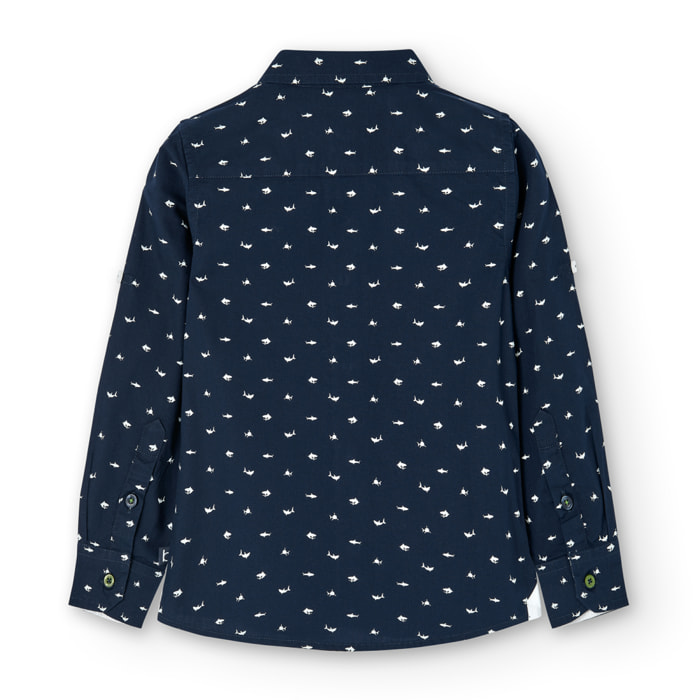 Camisa estampada niÃ±o, popelÃ­n, cuello camisero, manga larga