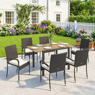 Conjunto de Mesa y Sillas Jardín de Ratán de 7 Piezas, Muebles Jardín Exterior con Mesa Extensible Tablero Madera y 6 Sillas Apilables con Cojines Extraíbles, Marco de Acero Resistente, Crema