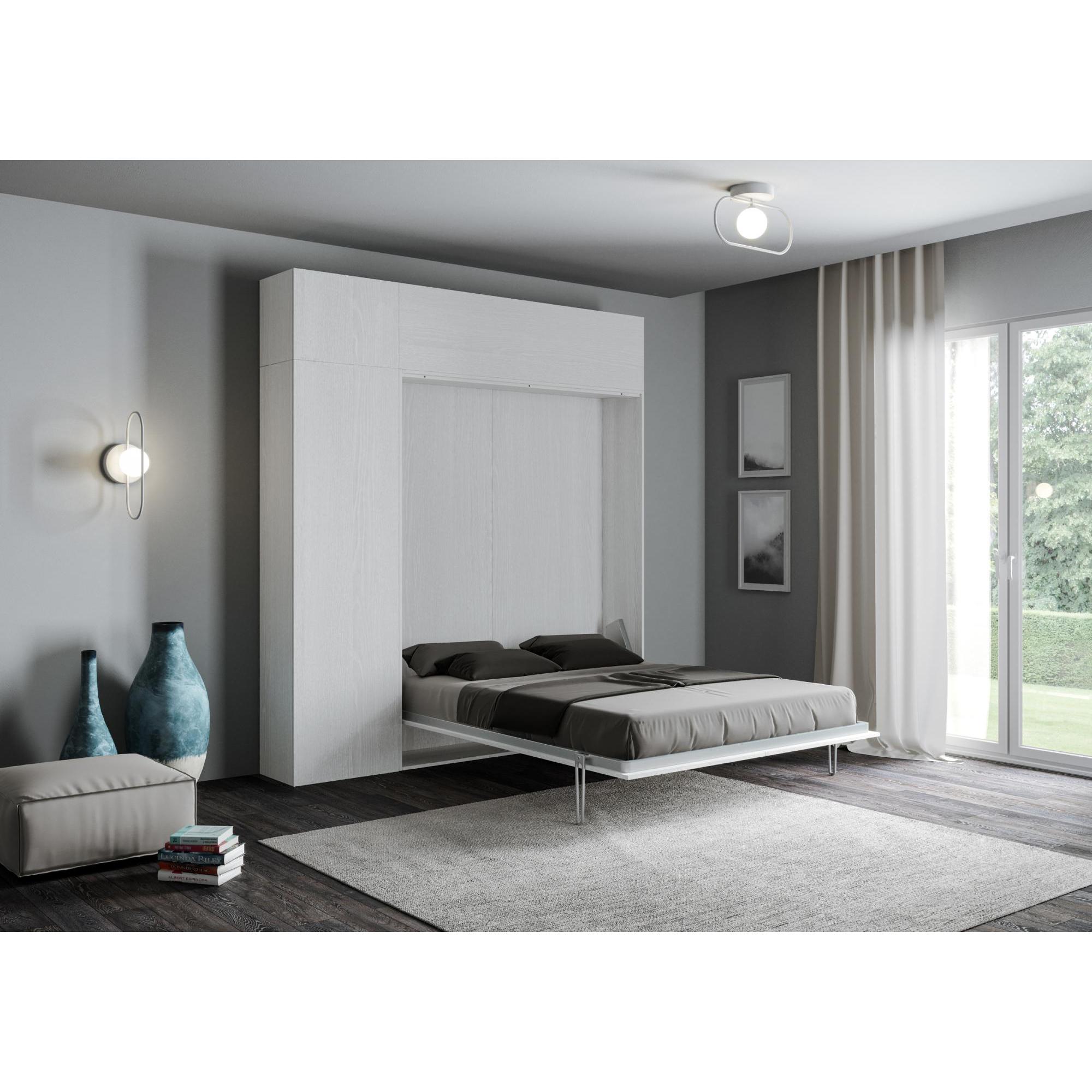 Cama abatible 160 vertical Kentaro con columna - módulo a pared superior - módulo con apertura vasistas Fresno Blanco