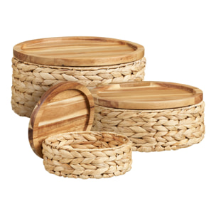 Set 3 ceste Botofte in giacinto d'acqua naturale con coperchio in legno — ø20, ø26 e ø30 cm