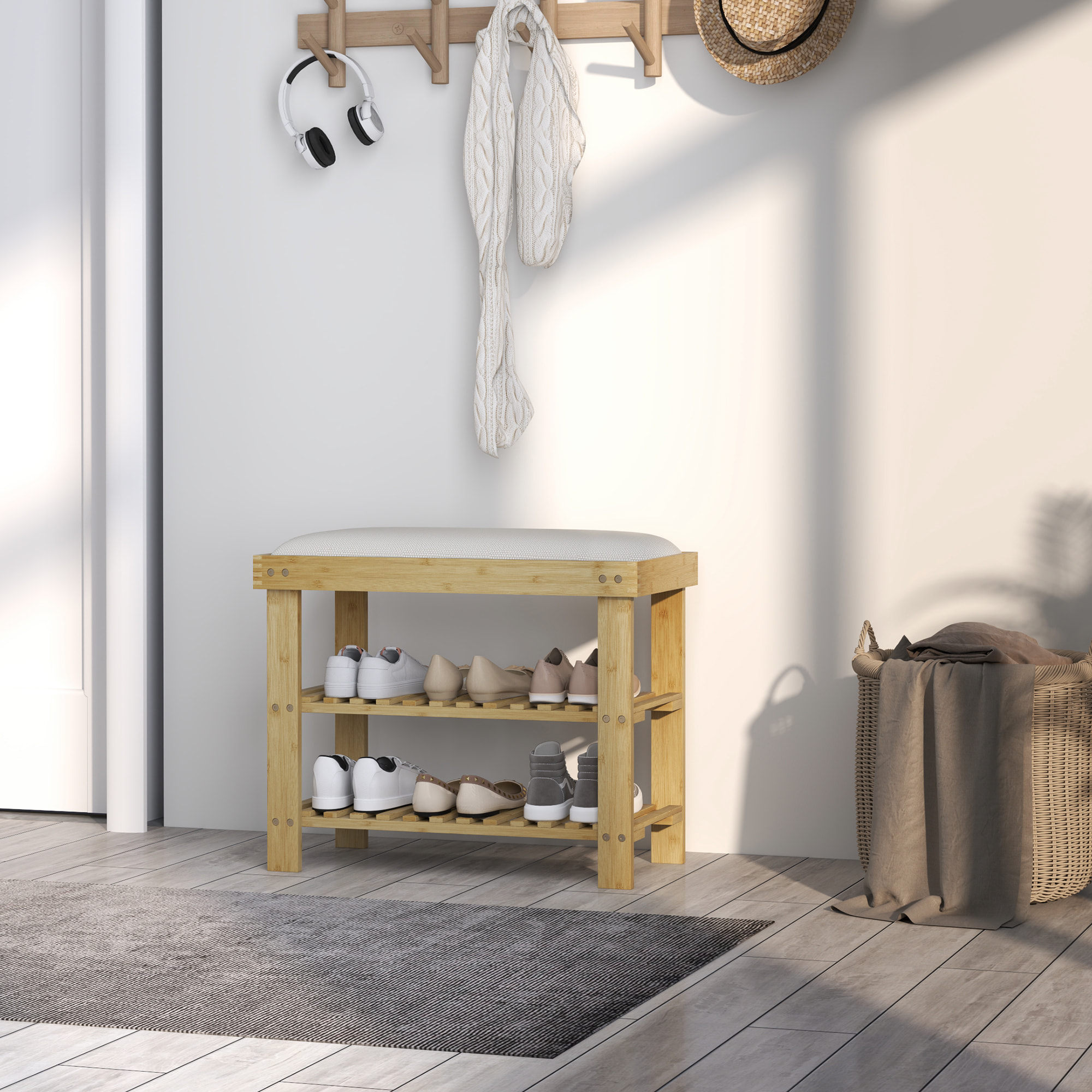 Banco Zapatero de Bambú Zapatero con Asiento Acolchado 2 Estantes para 6 Pares de Zapatos para Entrada Dormitorio 60x29x49 cm Natural y Crema