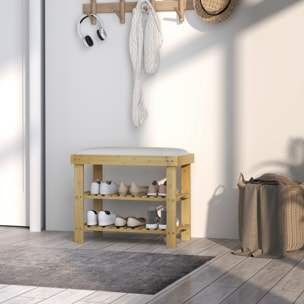 Banco Zapatero de Bambú Zapatero con Asiento Acolchado 2 Estantes para 6 Pares de Zapatos para Entrada Dormitorio 60x29x49 cm Natural y Crema