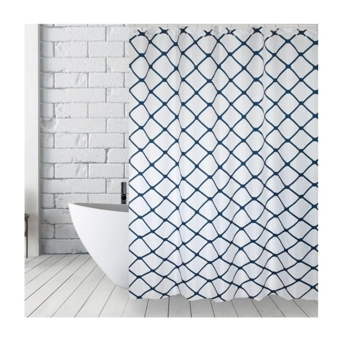 Rideau de douche Polyester GRANADA 180x200cm QUALITE PREMIUM Blanc & Bleu - Anneaux inclus MSV