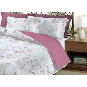 Parure Copripiumino Matrimoniale in Raso 60/60 Sacco e Federe con Fantasia Floreale Ginko Colors