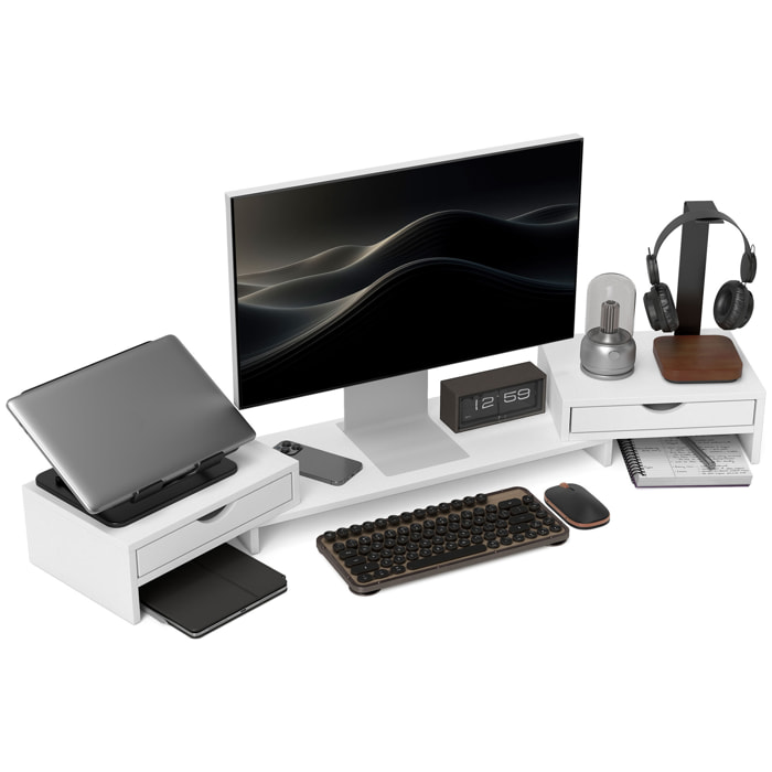 Elevador Monitor Ángulo y Longitud Ajustable Soporte para Monitor con 2 Cajones Soporte de Monitor Escritorio para Portátil Computadora PC 60-116x22x12 cm Blanco