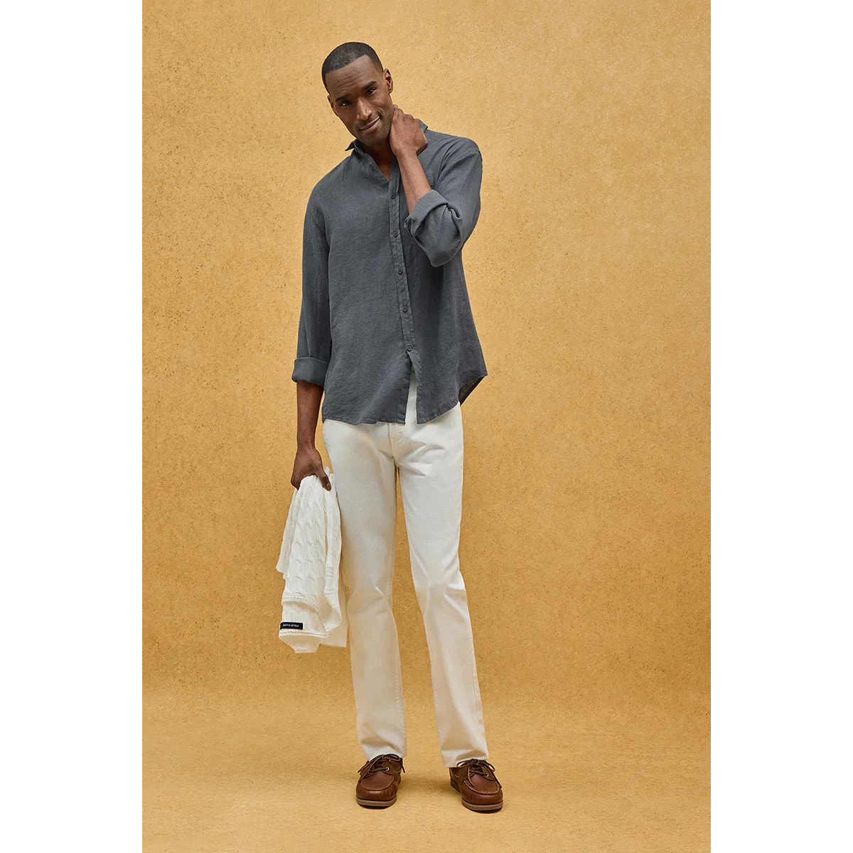 Camicia grigio pietra in lino regular fit con toppa Polo Club