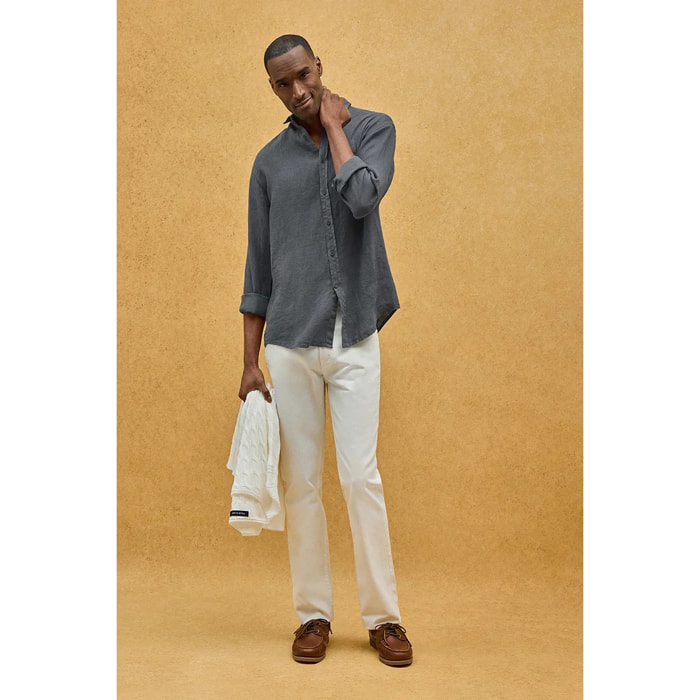 Camicia grigio pietra in lino regular fit con toppa Polo Club