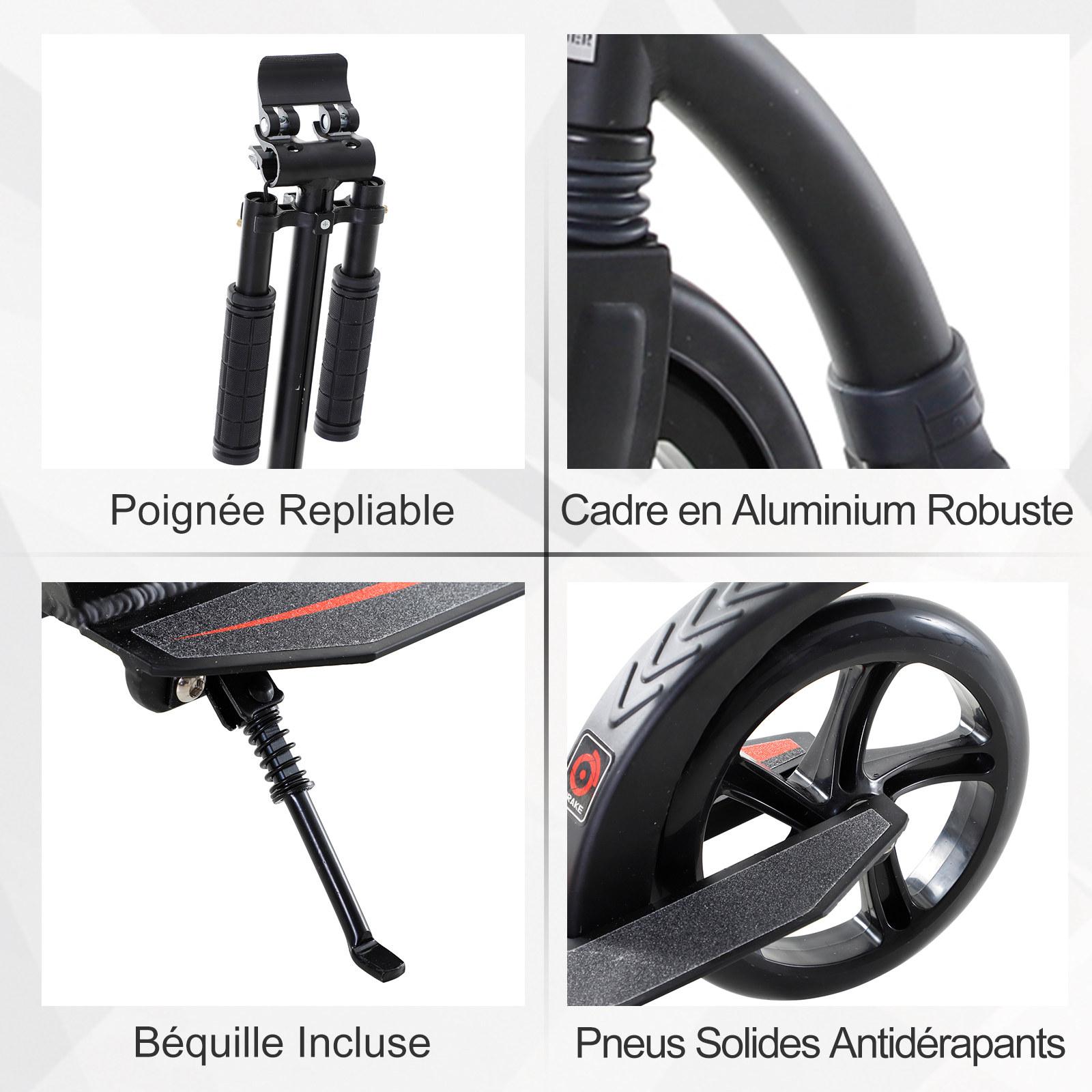HOMCOM Trottinette pour adulte et adolescent jusqu'à 100 Kg scooter en  aluminium PU 68 x 47,2 x 86 cm noir /