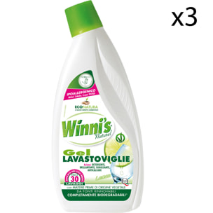 3x Winni's Naturel Gel Lavastoviglie al Limone Formula 4in1 30 Lavaggi - 3 Flaconi da 750ml