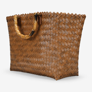 Bolso trenzado marrón con asas de bambú
