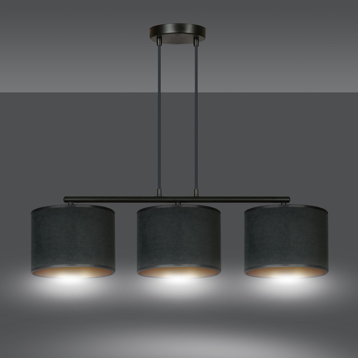 Lampada a sospensione HILDE a tre luci in acciaio e velluto nero