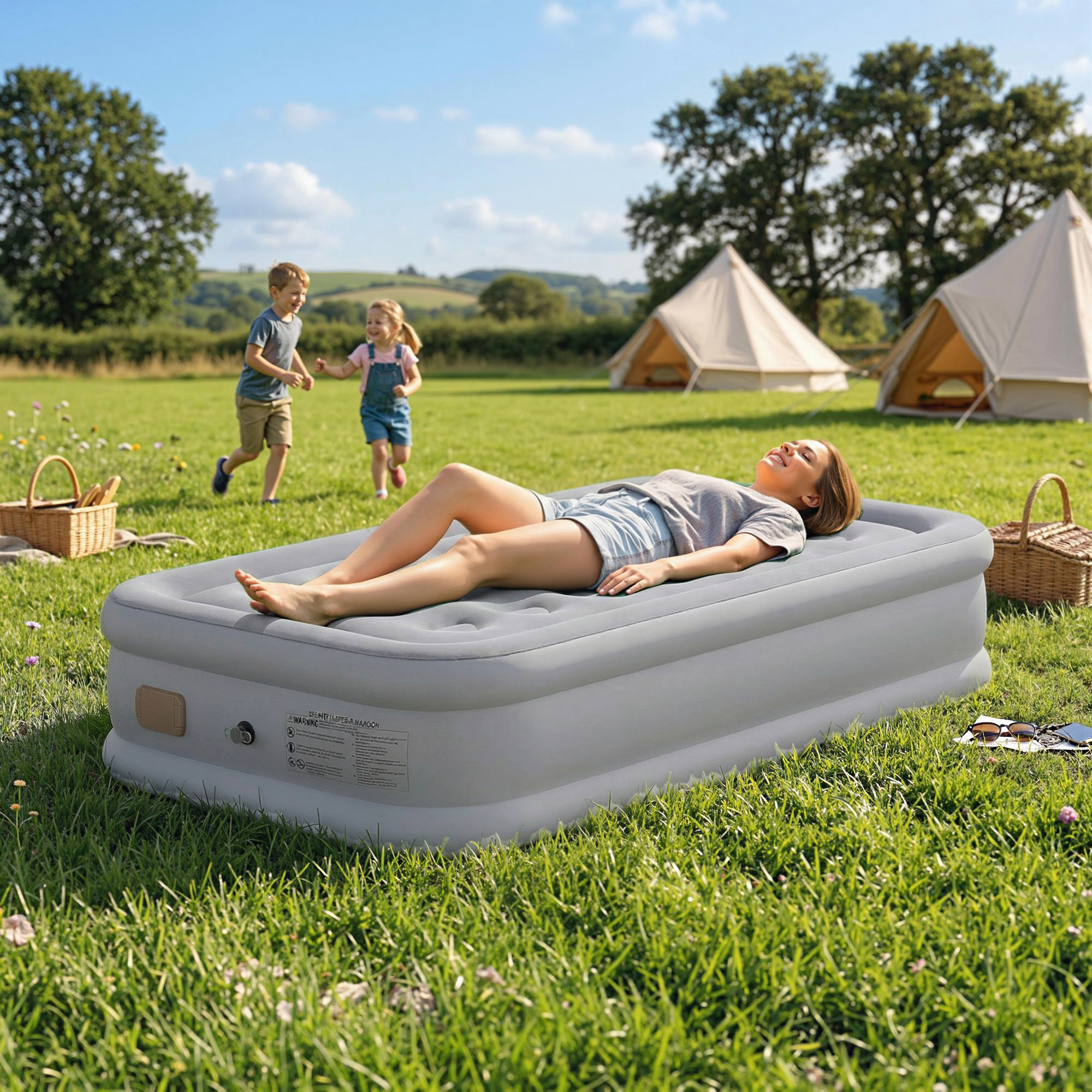 Colchón Hinchable Individual 190x97x39 cm con Bomba Integrada, Inflado 3 Min Desinflado 2 Min, Colchón Inflable Plegable Impermeable, Bolsa Transporte, Superficie Flocado, Carga 200 kg, Gris
