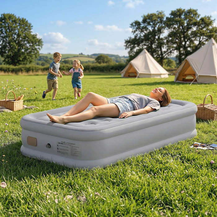 Colchón Hinchable Individual 190x97x39 cm con Bomba Integrada, Inflado 3 Min Desinflado 2 Min, Colchón Inflable Plegable Impermeable, Bolsa Transporte, Superficie Flocado, Carga 200 kg, Gris