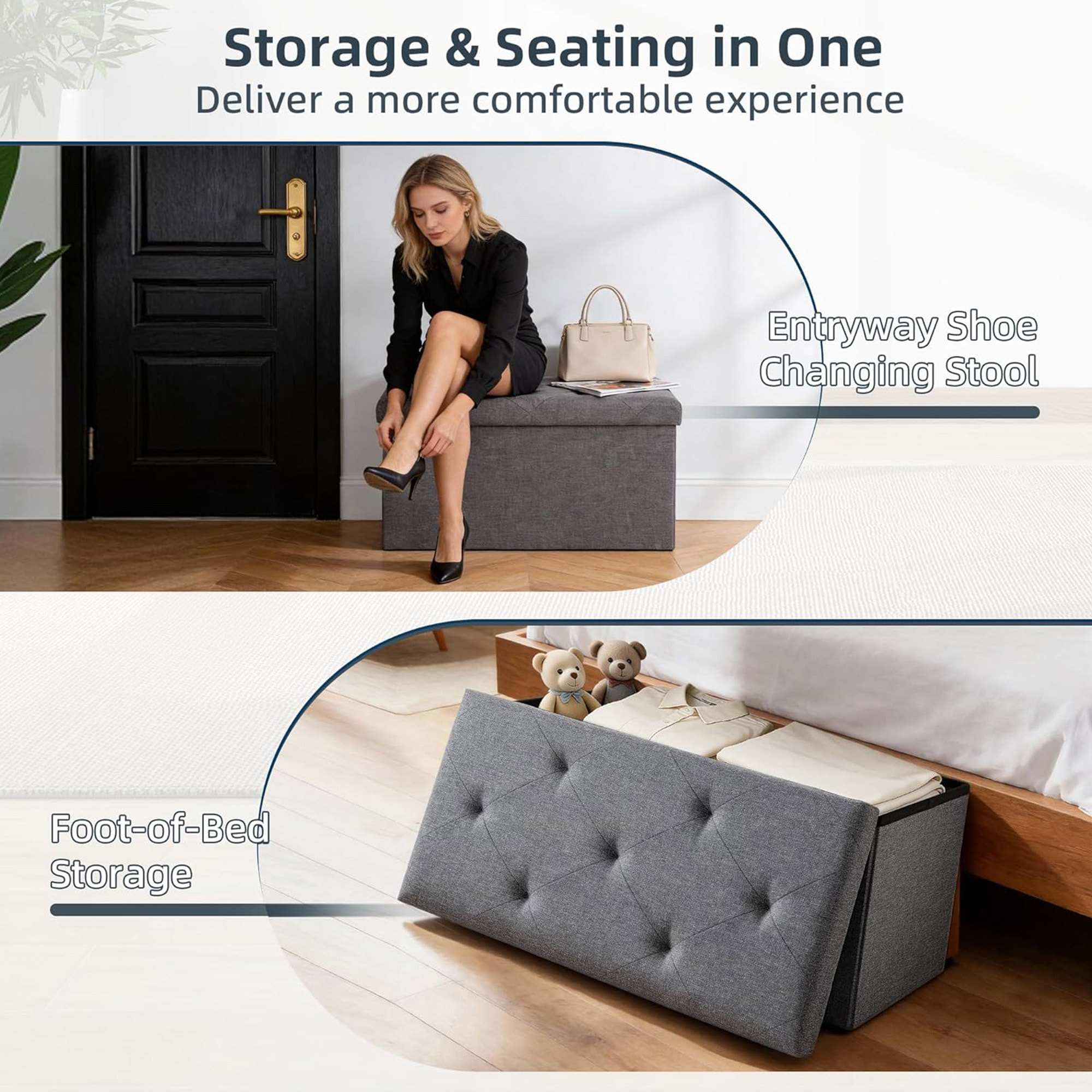 Nemora 75 - Cassapanca Ottomana 76x38x38 cm Pouf Contenitore Poggiapiedi in Tessuto Grigio