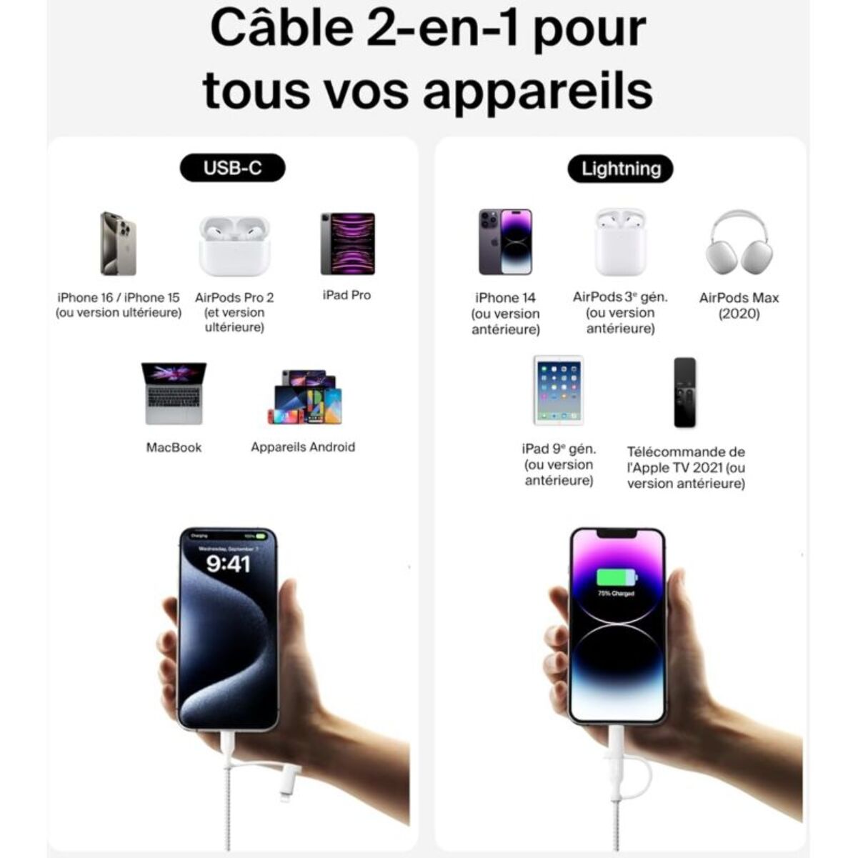 Adaptateur USB BELKIN 2-en-1 USB-C et Lightning 1m50 blanc