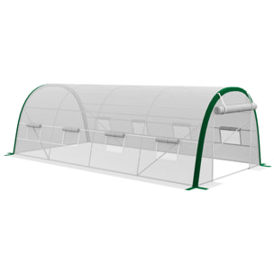 Serre de jardin tunnel surface sol 18 m² châssis tubulaire acier galvanisé renforcé 24 mm 8 fenêtres PE maillé blanc vert