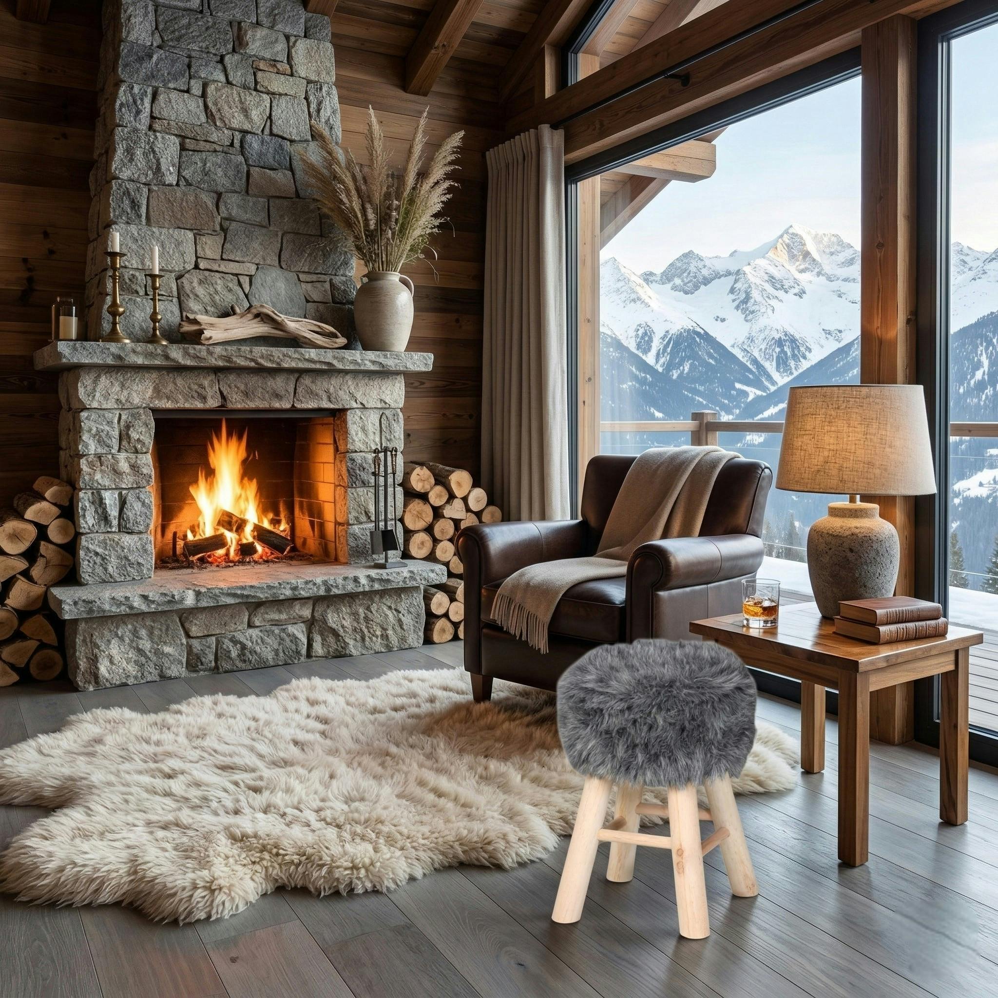 Tabouret fourrure grise synthétique