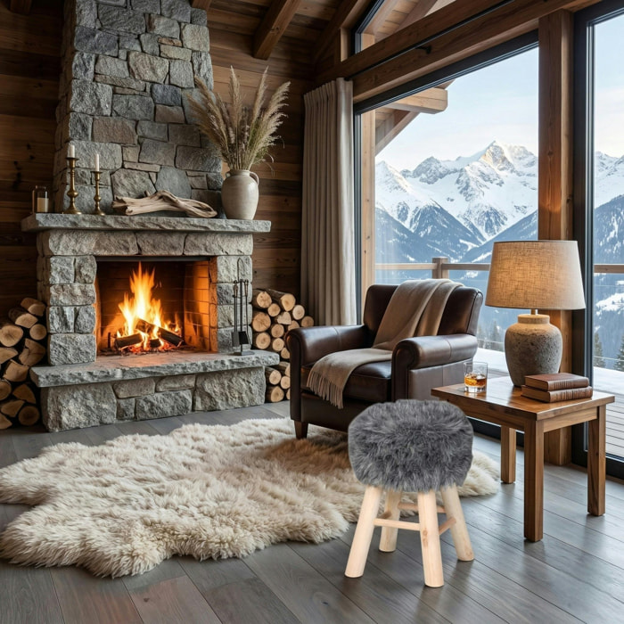 Tabouret fourrure grise synthétique