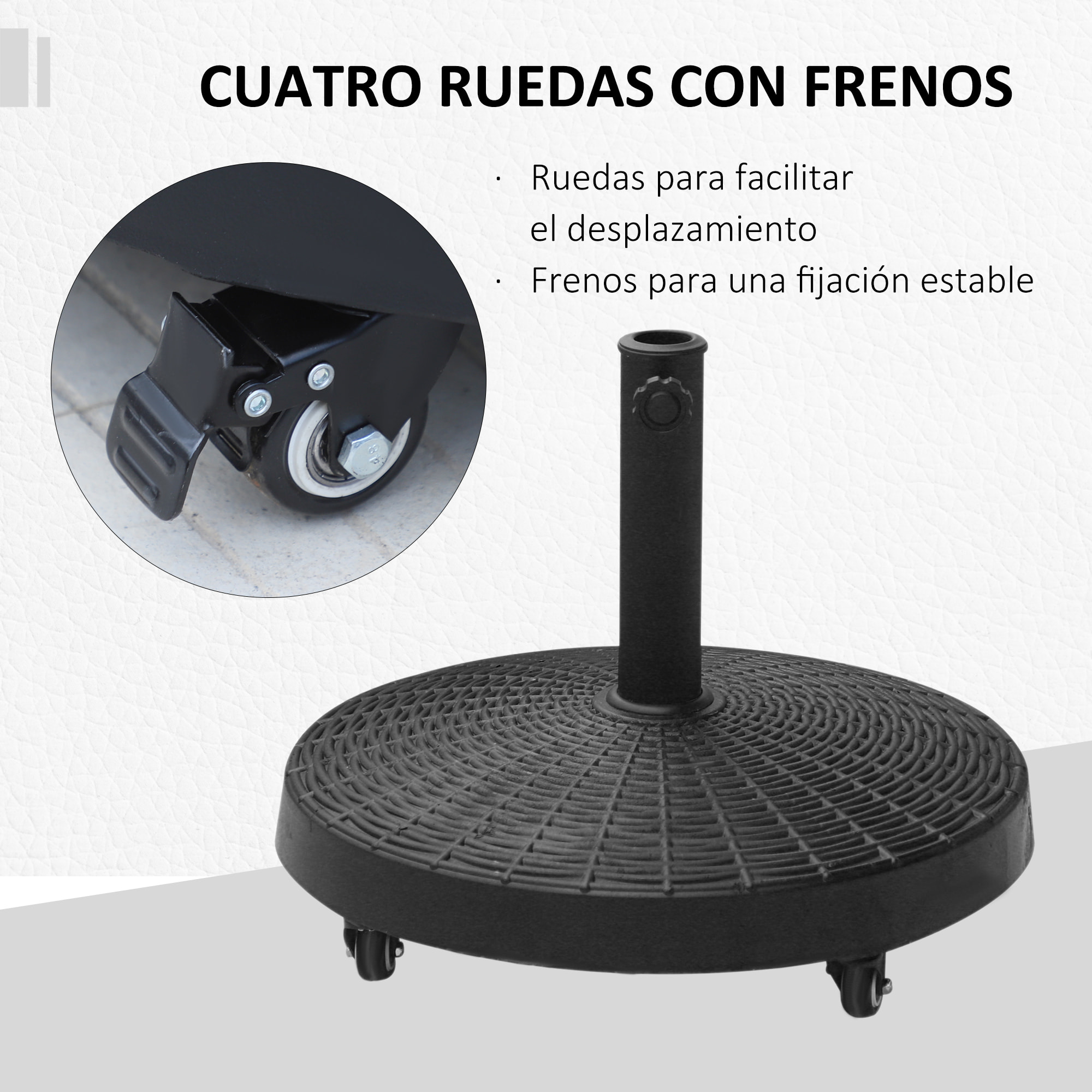 Base para Sombrilla Redonda Ø52 cm 22,7 kg Soporte para Parasol de Resina con Ruedas Pie para Sombrilla con Postes Ø38 mm y Ø48 mm Diseño de Ratán para Jardín Patio Terraza Negro