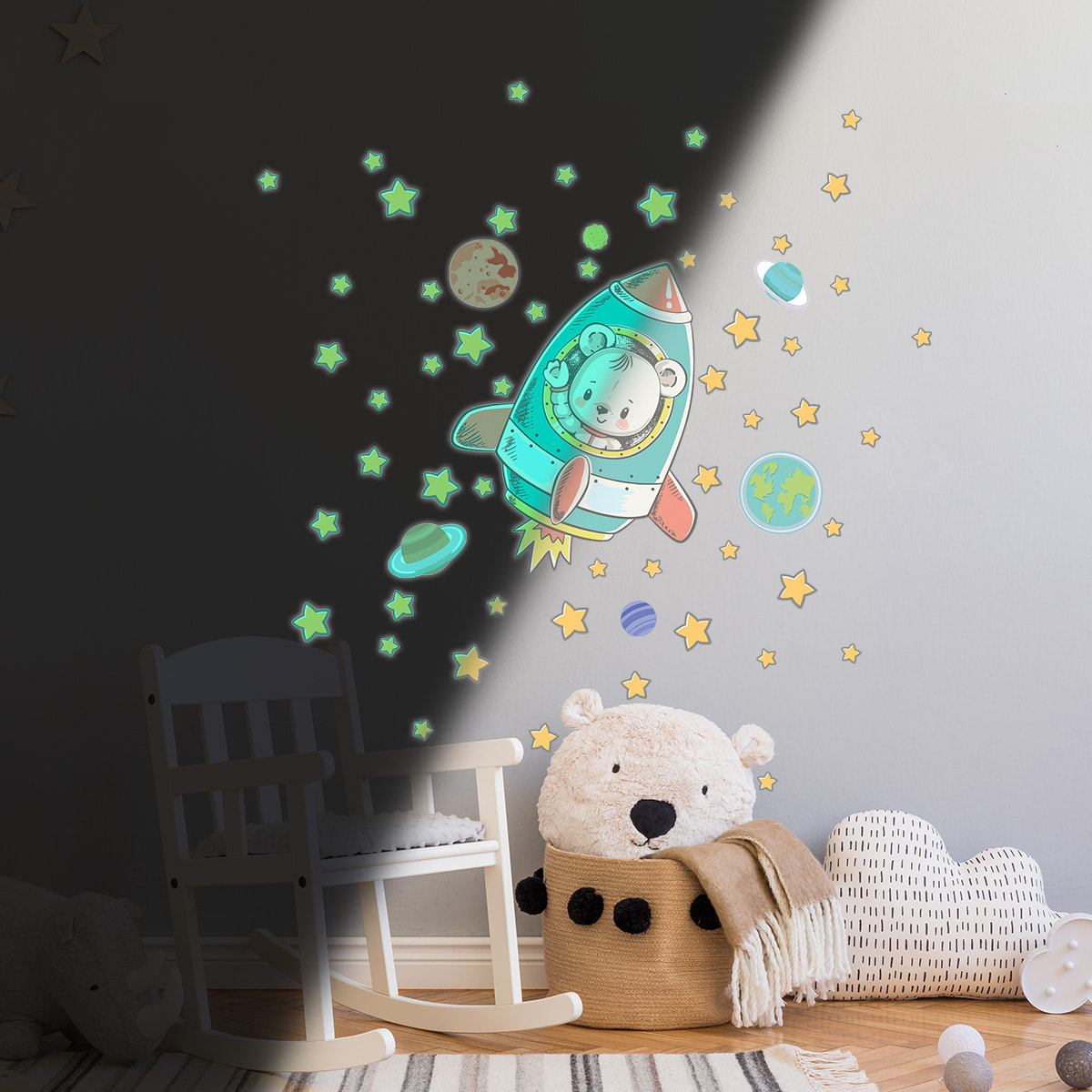 Sticker phosphorescent lumineux - OURSON ASTRONAUTE + 50 ÉTOILES