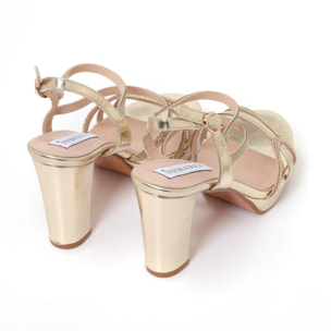 Sandali in simil pelle con tacco alto comodo e fasce ricoperte di strass