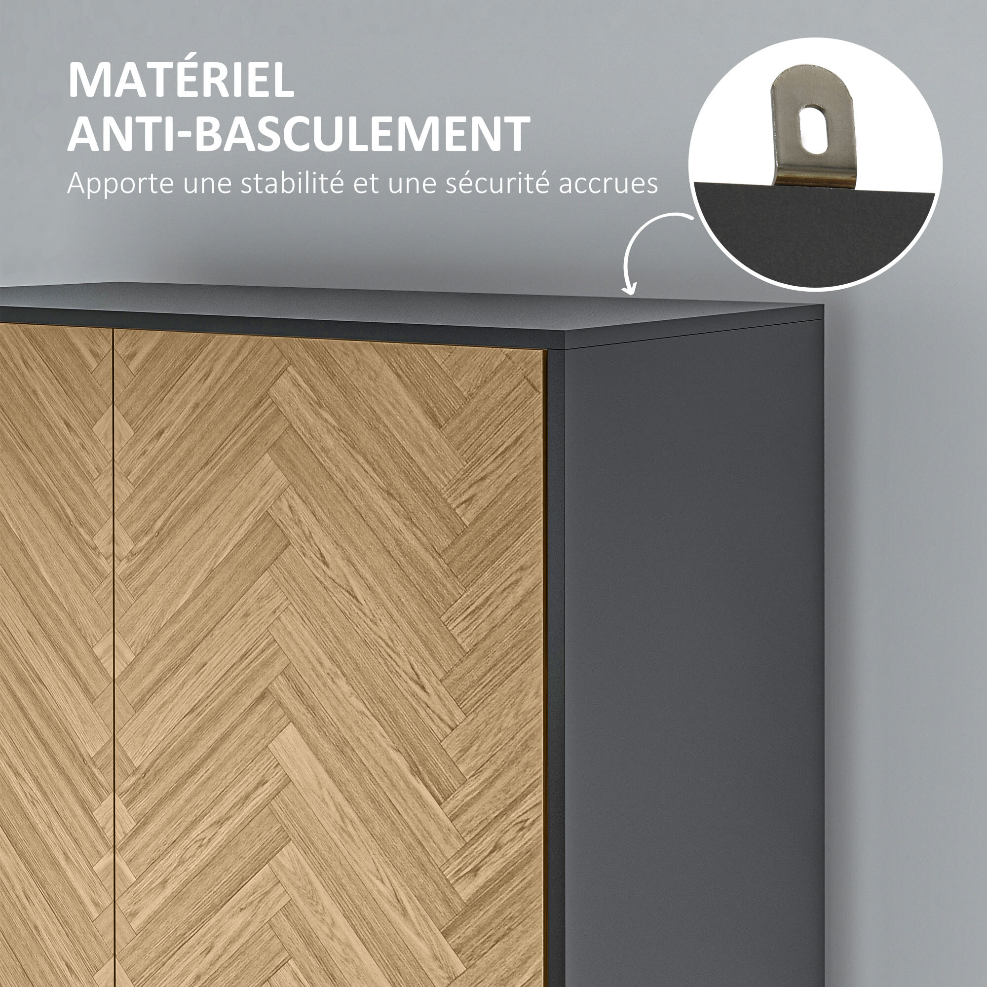 Armoire 2 portes 2 tiroirs design - 2 barres penderie, 2 niches - façades motif chevrons- gris foncé aspect bois clair