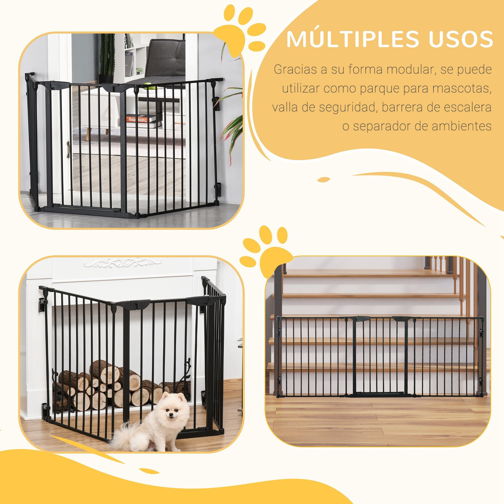 Barrera de Seguridad para Mascotas Rejilla de Protección Plegable de 3 Paneles con Cierre Inteligente para Escalera Pasillo 180x74,5 cm Negro