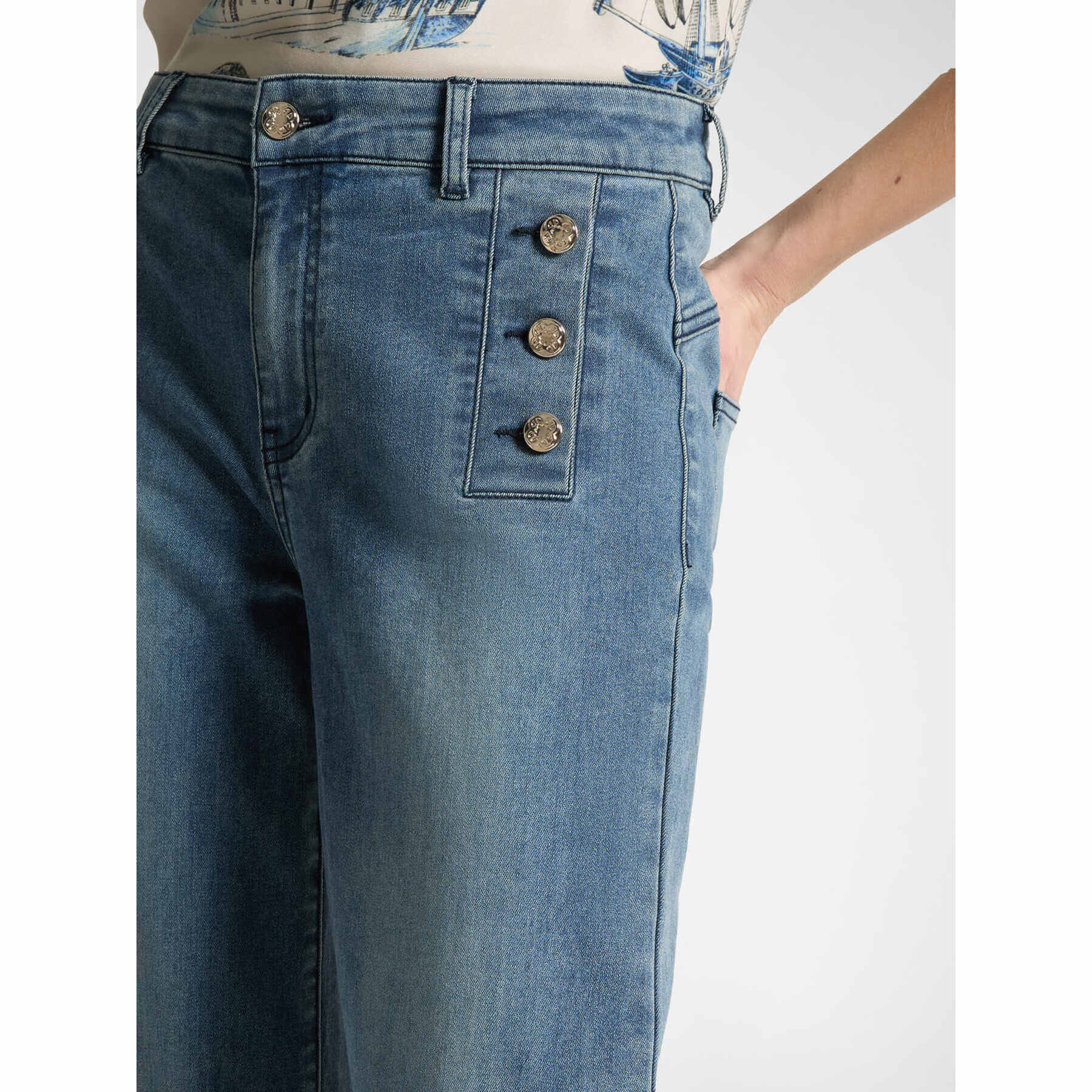 Elena Mirò - Vaqueros cropped marinière con botones - Azul