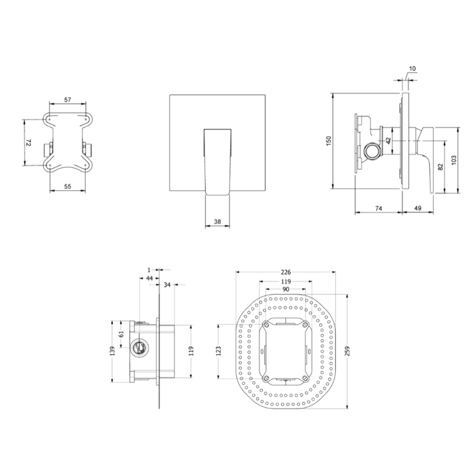 Façade mécanique Architectura Square Brushed Nickel Matt + corps encastré