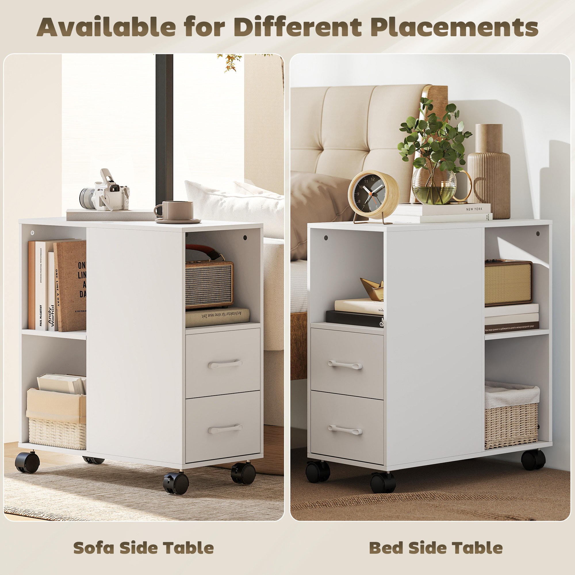 HOMCOM Mueble para Impresora con Ruedas, Mesa para Impresora con 2 Cajones, Estante Ajustable, 3 Compartimentos Abiertos para Documentos Tamaño A4, Carta, Archivador Móvil para Oficina en Casa, Blanco