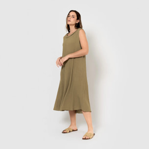 Vestido midi cuello drapeado algodón lino verde cacería
