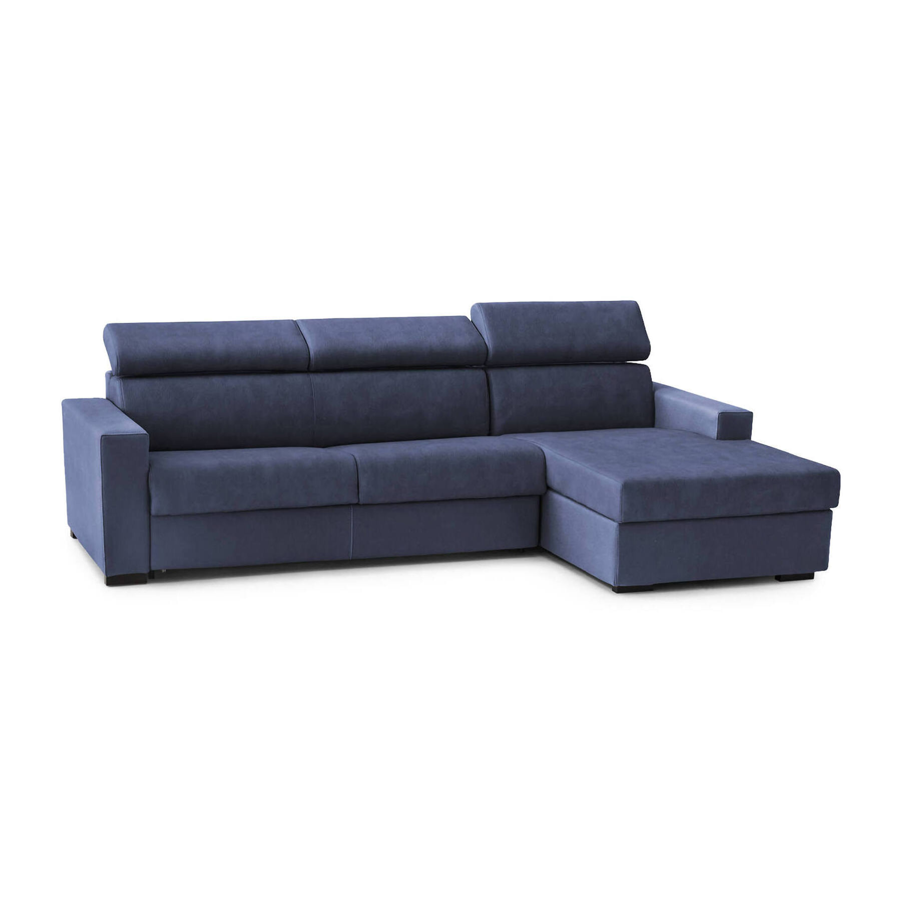 Divano fisso Marica, Divano ad angolo, 100% Made in Italy, Sofà Soggiorno con chaise longue, in tessuto imbottito - Penisola contenitore Destra, con Braccioli standard, Cm 280x95h85, Blu