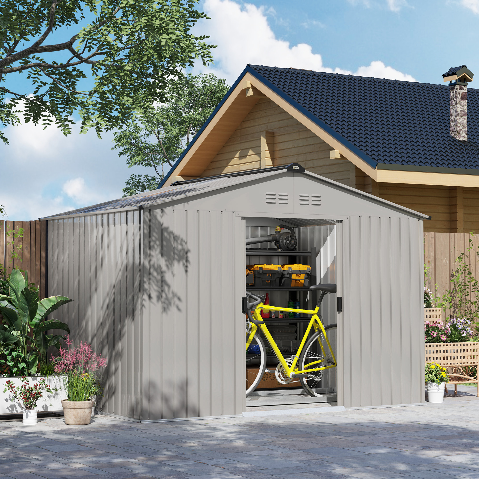 Caseta de Jardín Exterior 4,9 m² 277x195x192 cm Cobertizo de Jardín Exterior con Puerta Corredera Techo de Fibra de Vidrio Base Refuerzo (Suelo NO Incluido) y 4 Ventanas Gris Plata