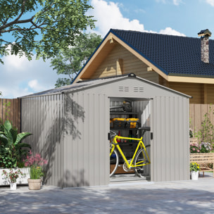 Caseta de Jardín Exterior 4,9 m² 277x195x192 cm Cobertizo de Jardín Exterior con Puerta Corredera Techo de Fibra de Vidrio Base Refuerzo (Suelo NO Incluido) y 4 Ventanas Gris Plata