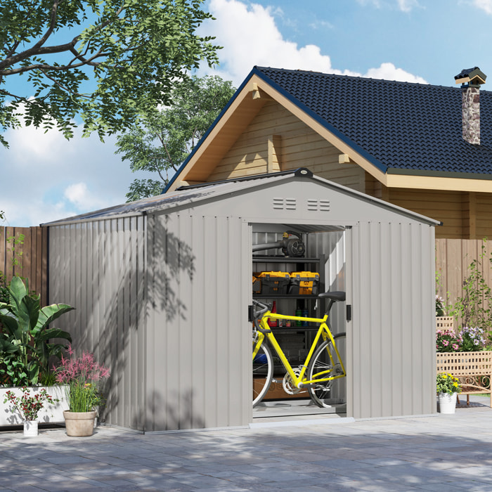 Caseta de Jardín Exterior 4,9 m² 277x195x192 cm Cobertizo de Jardín Exterior con Puerta Corredera Techo de Fibra de Vidrio Base Refuerzo (Suelo NO Incluido) y 4 Ventanas Gris Plata