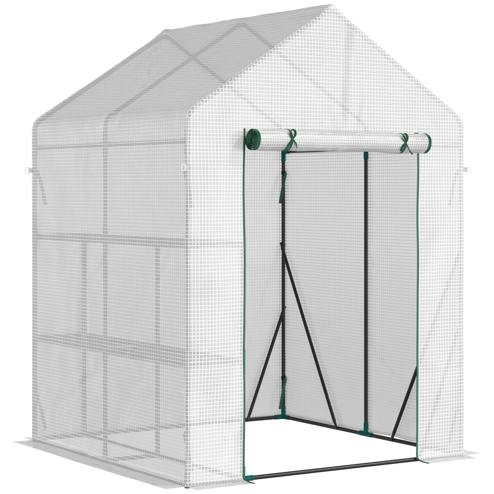 Invernadero de Exterior Invernadero Pequeño con 4 Estantes Puerta Enrollable con Cremallera y Marco de Acero Invernadero para Cultivos Plantas Flores 143x143x195 cm Blanco