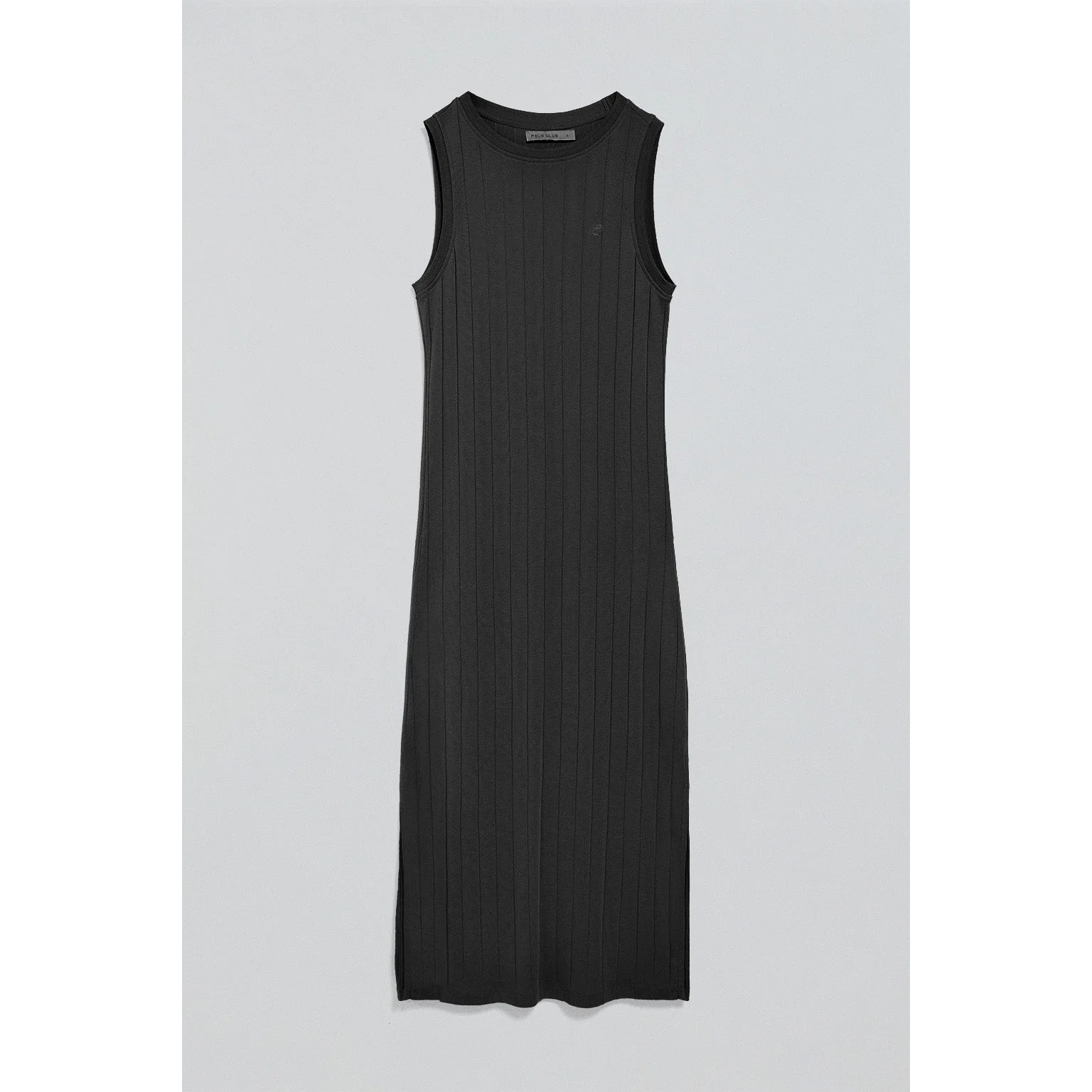 Vestido negro largo y acanalado con monograma bordado