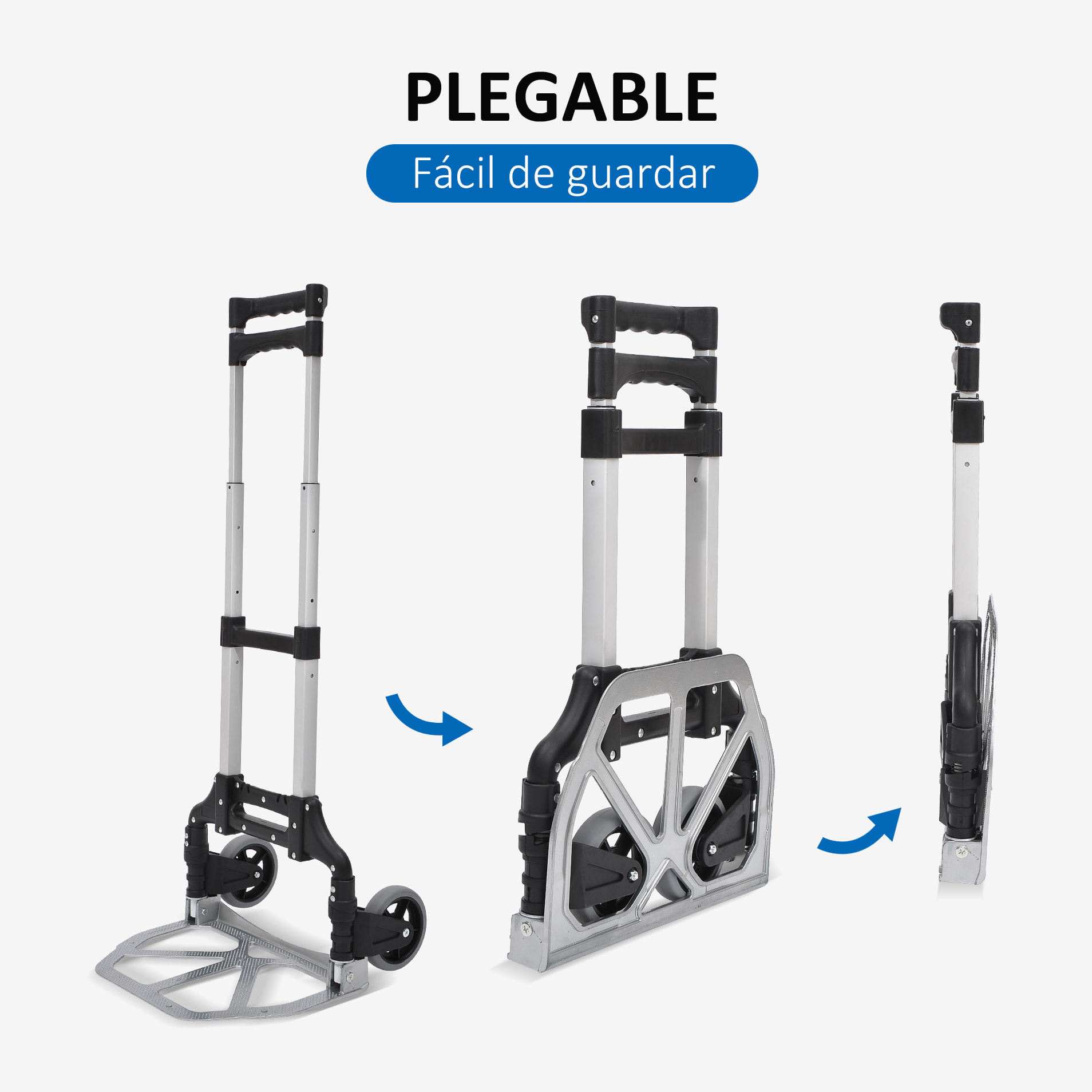 Carretilla Plegable de Aleación de Aluminio con 2 Ruedas Carga 70 kg Carretilla de Mano Portátil con Mango Extensible 41x38,5x100 cm Plata