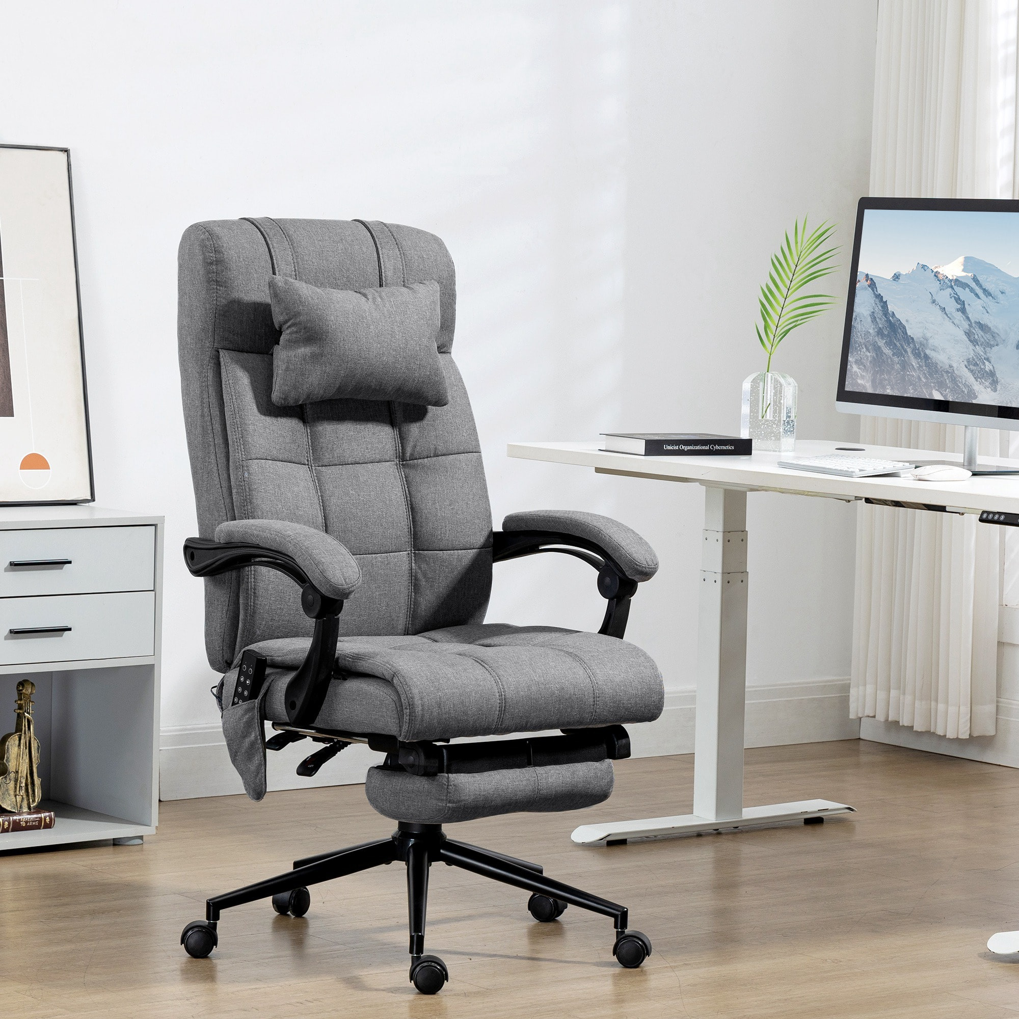 Chaise de bureau ergonomique design - fonctions massante et chauffante - inclinable, réglable - repose-pied - tissu gris