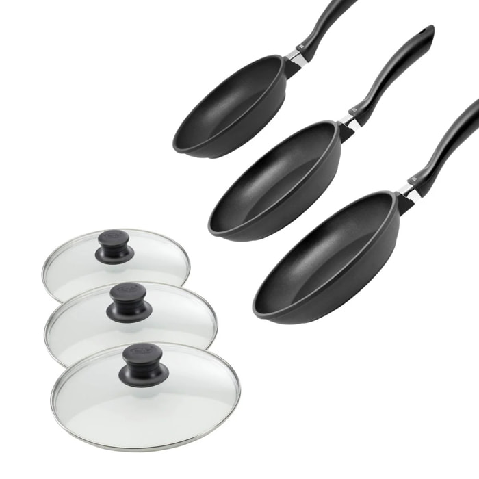 Set de 3 poêles 20, 24 et 28 cm et 3 couvercles sans PFAS Elo Alucast