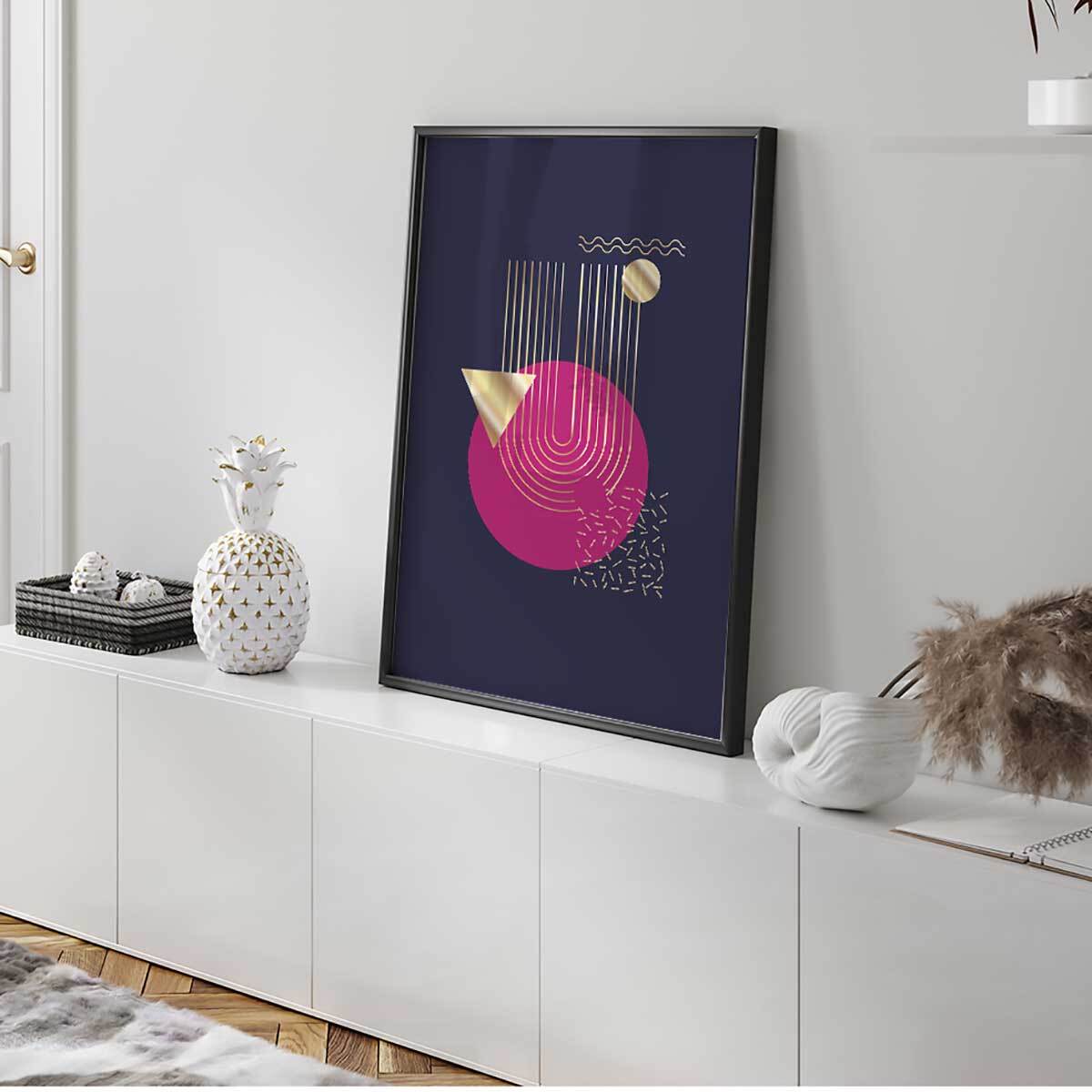 Affiche abstraite géométrique dorée fond violet moderne Affiche + cadre en métal - Noir