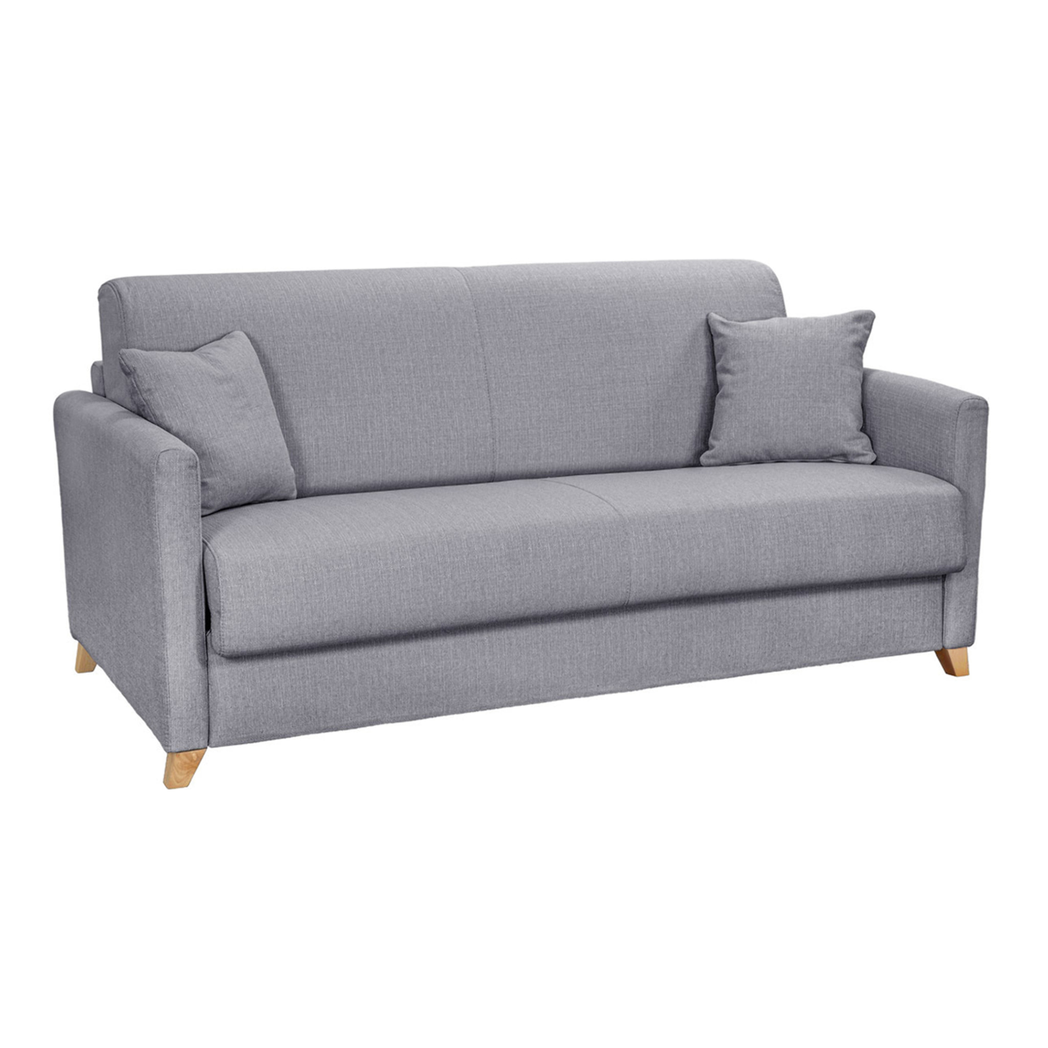 Canapé convertible 3 places en tissu gris clair et bois clair avec matelas 13 cm SKANDY