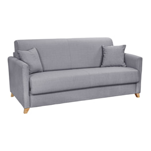 Canapé convertible 3 places en tissu gris clair et bois clair avec matelas 13 cm SKANDY