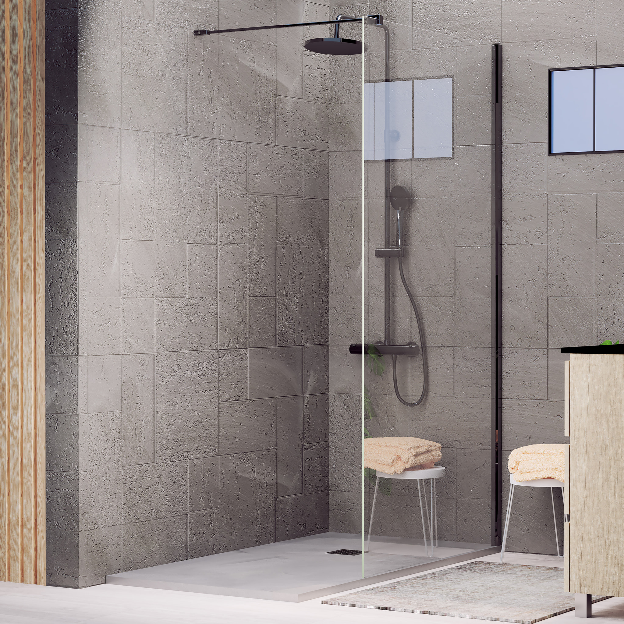 Paroi de Douche | Panneau Fixe | 90 X 195 cm | Profil Noir | Verre Tempéré de 8 mm d'Épaisseur | Traitement Anti-Calcaire | Alday