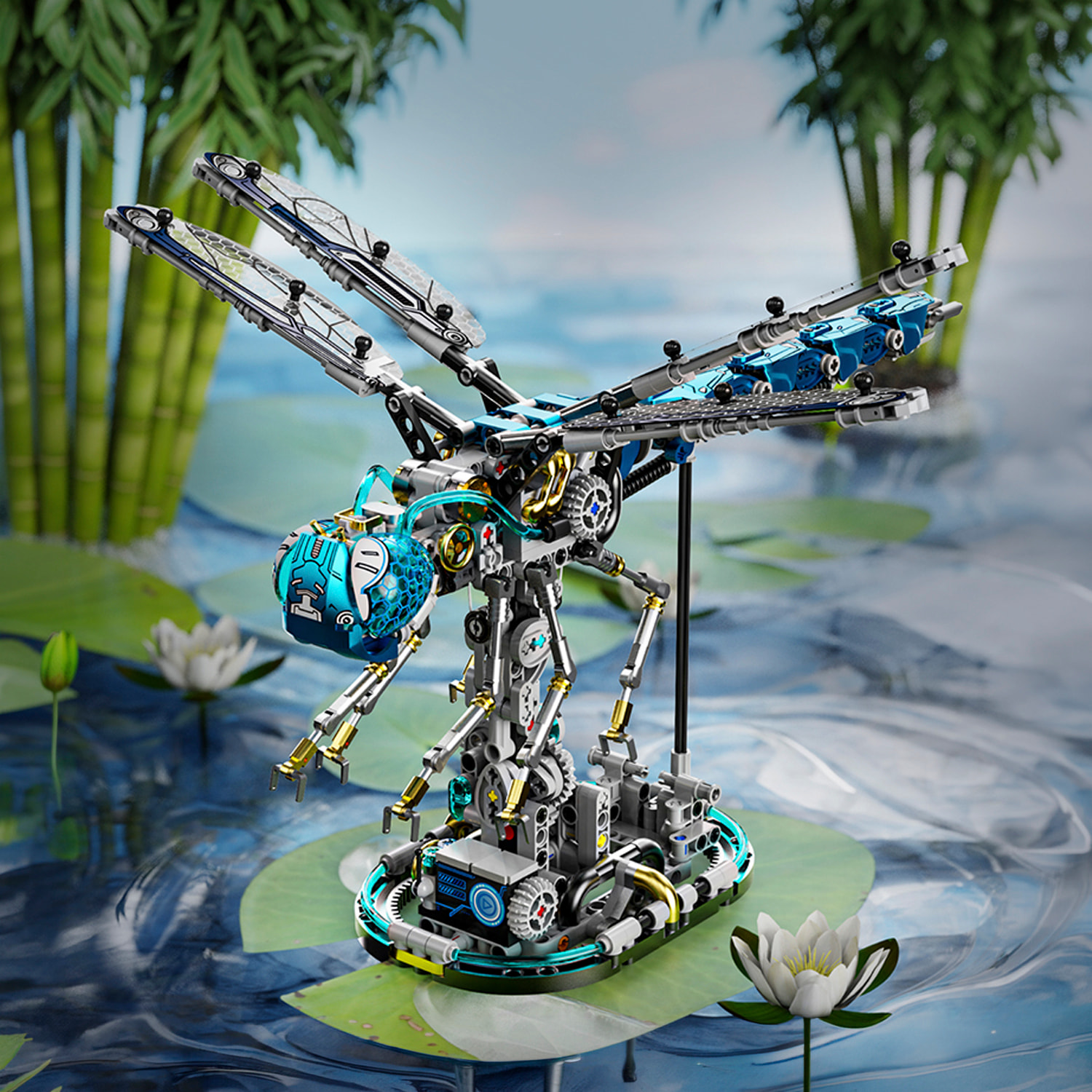 Maqueta 3D mecanizada de libélula con 866 piezas, equipada con luces y mecanismo de manivela que permite movimiento dinámico.