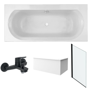 Pack baignoire droite 180 x 80 Elise + tablier angle + mitigeur bain Aimé noir + pare bain noir + vidage