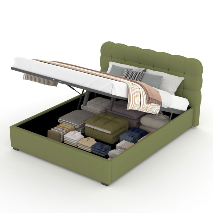 JUNEAU Lit nuage avec coffre de rangement 140x190cm en velours vert