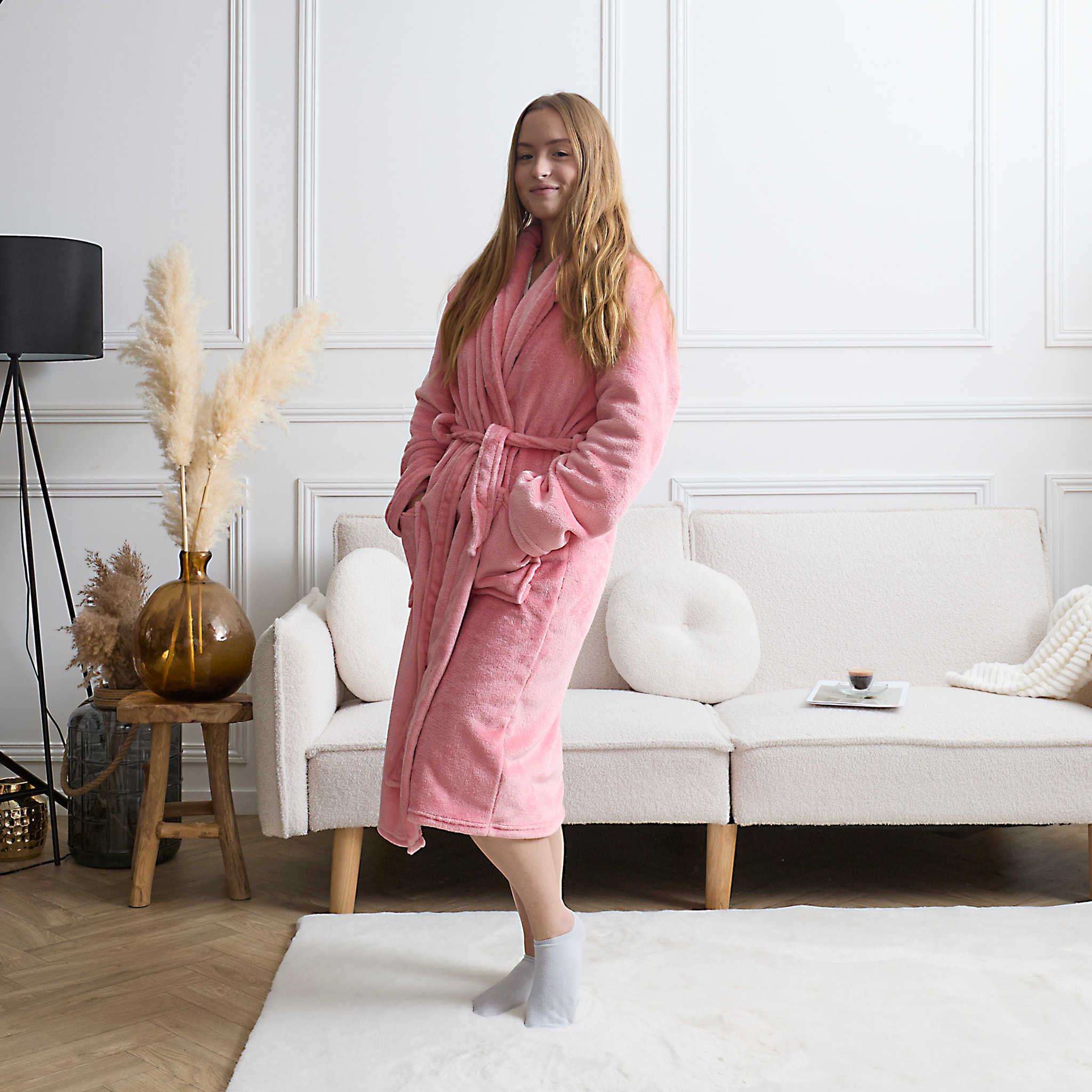Robe de chambre - THE CONCEPT FACTORY - Sherpa - Ultra douce - Rose et blanc